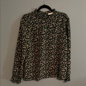 Women's Dark Green Floral Ruffle-Neck Blouse